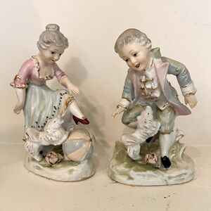 VTG Pair set Colonial Couple Lady Man Figurine Hand Painted Japan Dog Ball Rose